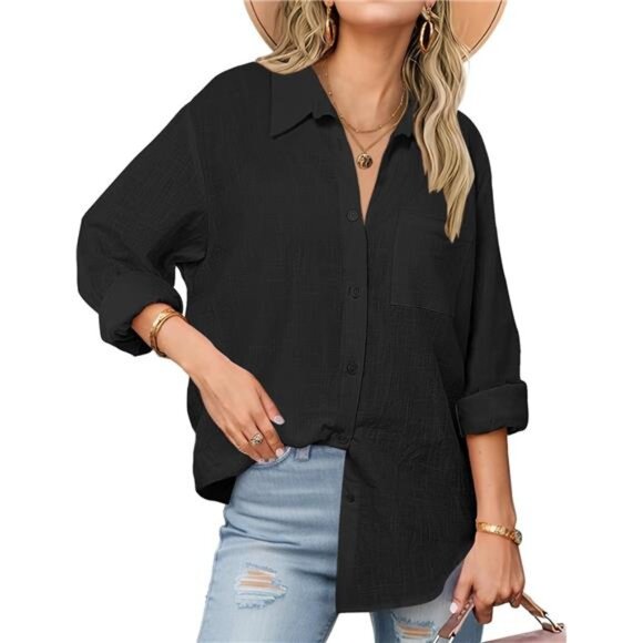 Womens Button Down Shirts Long Sleeve Black - Picture 1 of 3
